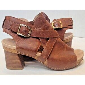 DANSKO ARLENE PLATFORM 8.5-9 39 Brown Leather Peep Toe Block Heel Sandal Booties